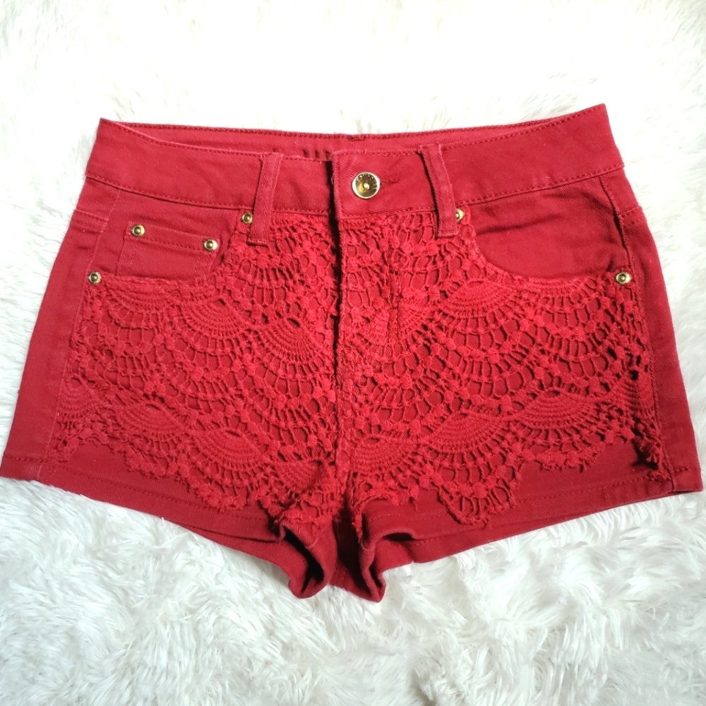 Dollhouse shorts burgundy denim crochet style# AS-8505CA